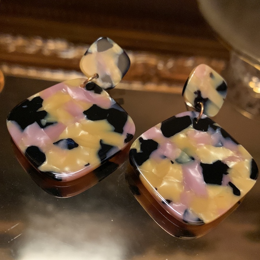Pink, Black and Gold Double Square Marbled Acrylic Statement Earrings